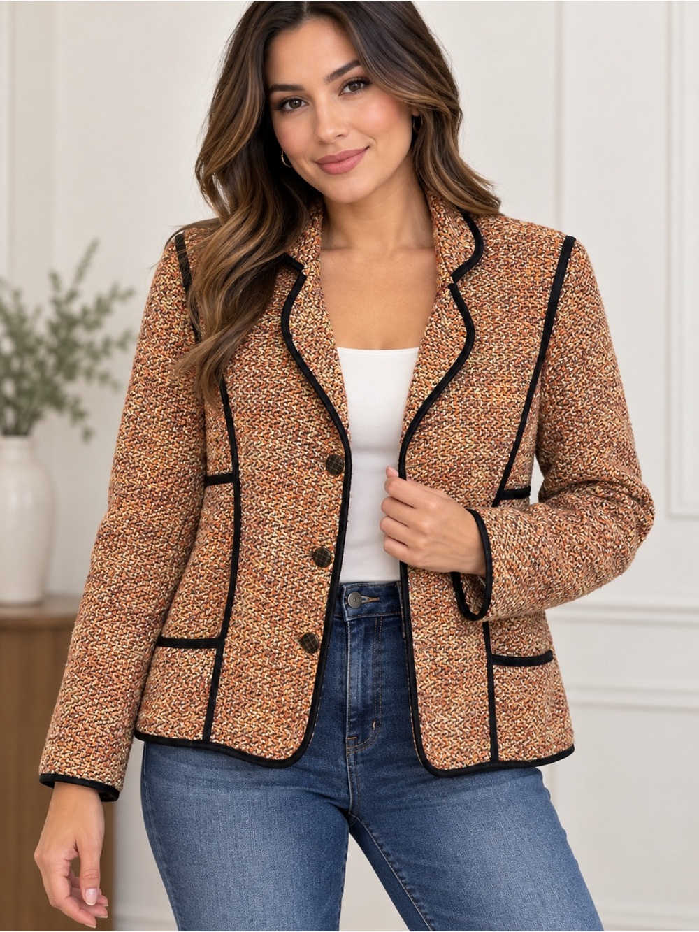 CHANEL Tan Tweed Blazer with Black Piping